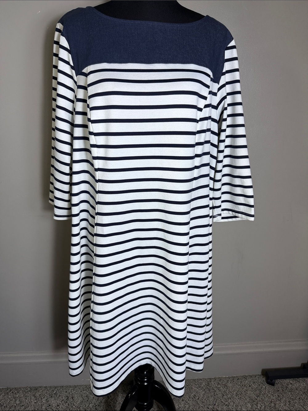 Studio One New York Striped Navy & White Boatneck A-Line Dress 3/4 Sleeves Sz 18